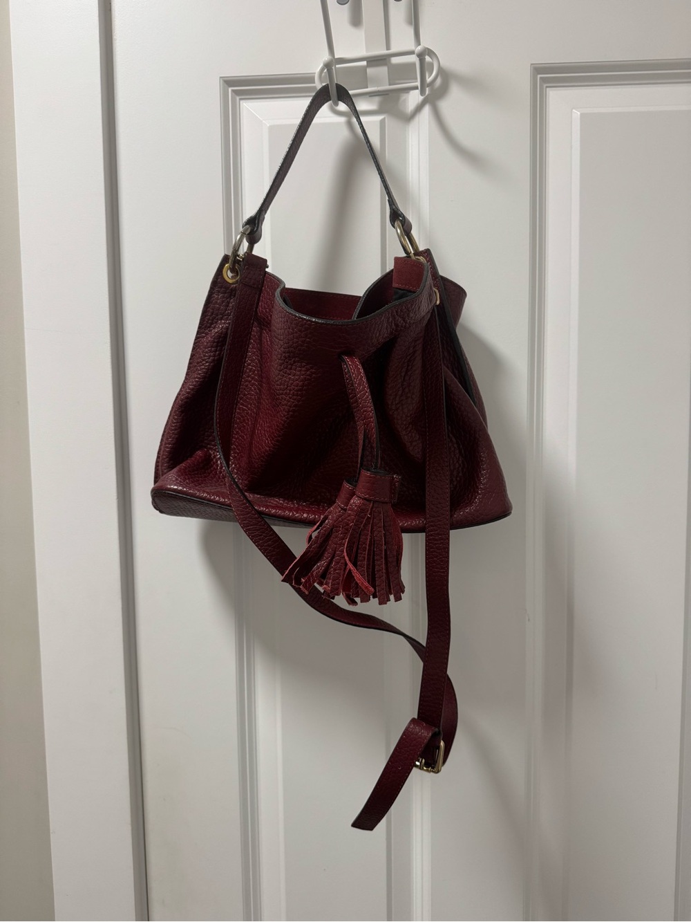 Alberta Di Canio Burgundy Leather Tassel Drawstring Shoulder Bag